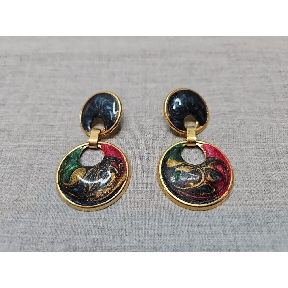 Vintage 1980s Gold Tone Blue/Green/Red Swirl Design Circle Dangle Earrings, 1''